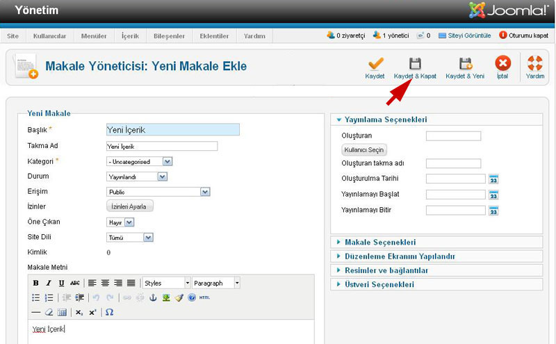 Joomla 2.5 İçerik Ekleme