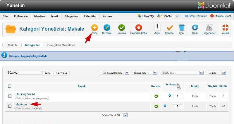 Joomla 2.5 Kategori ve Alt Kategori Oluşturma
