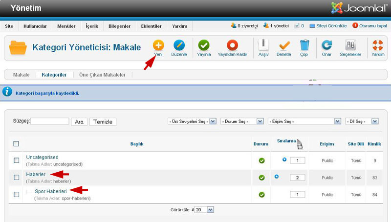 Joomla 2.5 Kategori ve Alt Kategori Oluşturma