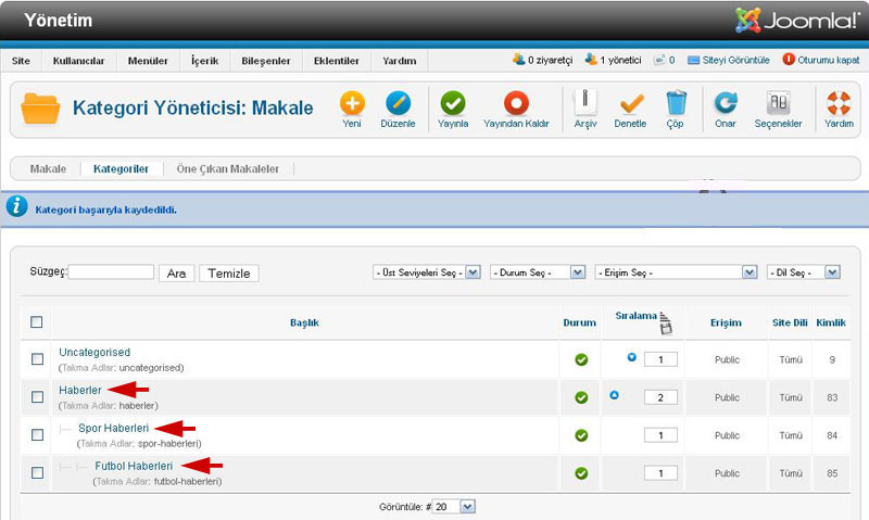 Joomla 2.5 Kategori ve Alt Kategori Oluşturma