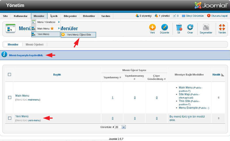 Joomla 2.5 Menü ve Menü Öğesi Oluşturma
