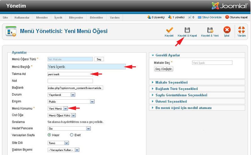 Joomla 2.5 Menü ve Menü Öğesi Oluşturma