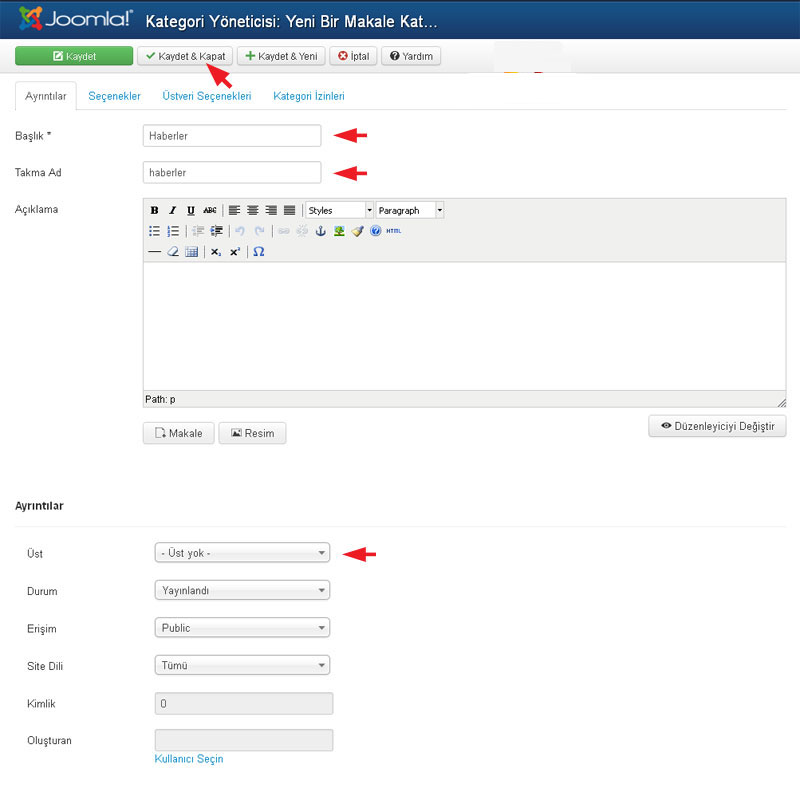 Joomla 3.0 Kategori ve Alt Kategori Oluşturma