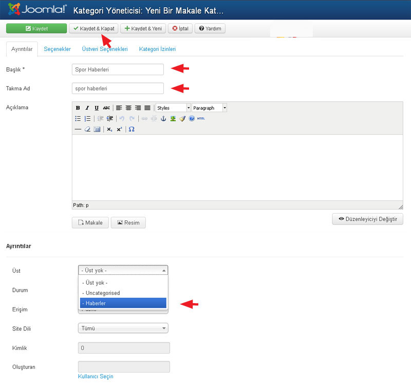 Joomla 3.0 Kategori ve Alt Kategori Oluşturma