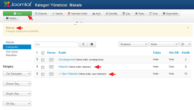 Joomla 3.0 Kategori ve Alt Kategori Oluşturma