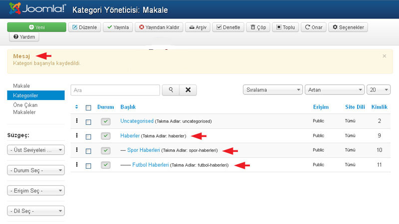 Joomla 3.0 Kategori ve Alt Kategori Oluşturma